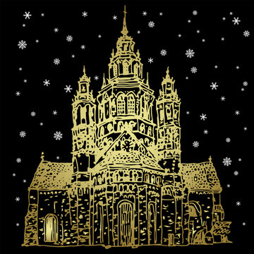 Roman Catholic temple under snowflakes. Winter Christmas design. Mainz Cathedral in Germany. Hand drawn sketch. Golden silhouette on black background.