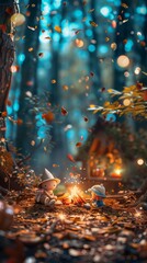 Two small gnome figurines are seated among the trees in a forest setting. The gnomes appear to be deep in conversation or contemplation, their colorful hats and beards standing out against the green f