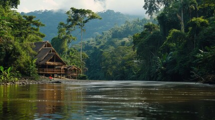 Fototapeta na wymiar House Surrounded by Trees in Middle of River