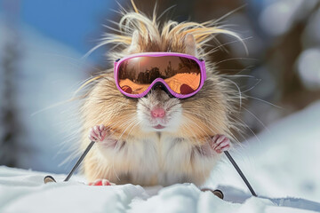 A hamster wearing goggles and skis is posing for a picture. a playful mood. a rat with long blonde hairs skiing and keeps his hands up, ski googles on his face , in the style of adventure portraiture, - obrazy, fototapety, plakaty