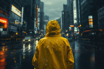 Image of a person wearing a raincoat walking in the city It combines fashion, beauty and urban lifestyle.