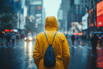 Obraz premium Image of a person wearing a raincoat walking in the city It combines fashion, beauty and urban lifestyle.