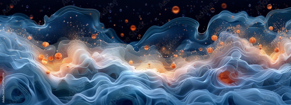 Aufkleber A blue and orange wave with many small orange dots. The image is abstract and has a dreamy, ethereal quality