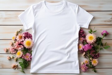 Blank white t-shirt mockup for front and back view with flower and wooden background