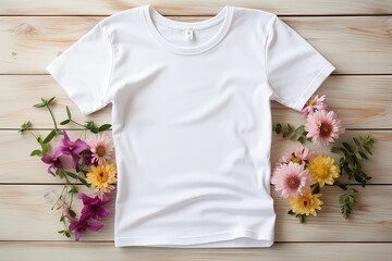 Blank white t-shirt mockup for front and back view with flower and wooden background