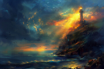 A majestic lighthouse stands tall on a cliff as the sun sets, casting brilliant light across the sky
