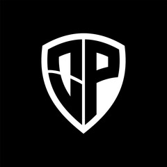 OP monogram logo with bold letters shield shape with black and white color design