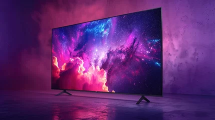 Foto op Plexiglas A sleek smart TV against a backdrop of cosmic purple, its screen displaying vibrant cinematic content and immersive multimedia experiences, redefining the concept of home entertainment. © AQ Arts