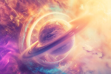 Colorful illustration of Saturn in space surrounded by warm yellow and purple light futuristic space background.  - obrazy, fototapety, plakaty