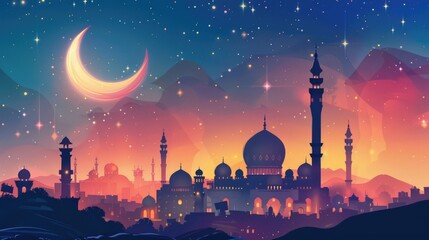 watercolor illustration, Eid al Fitr, Laylat al-Qadr, Eid Mubarak, silhouette of a mosque in the desert against the night sky, bright crescent moon and stars, vintage style