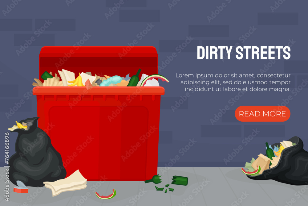 Poster street trash and garbage banner design with container vector template