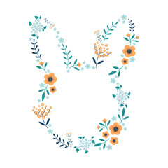 Floral frame in shape of a rabbit head, vector illustration isolated on white background, template for easter greeting cards, invitation,easter decoration