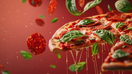 Fototapeta premium Handmade pizza with a filling floating in the air promotional photo