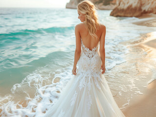 Fototapeta na wymiar Wide angle. Fashion portrait of a beautiful bride at seaside.