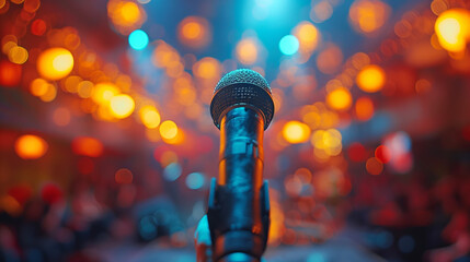 microphone performing on stage. - obrazy, fototapety, plakaty