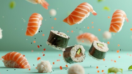 A luxurious sushi dish with ingredients floating in the air promotional photo - obrazy, fototapety, plakaty