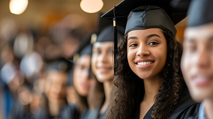 Young African American female graduate standing with students in graduation caps