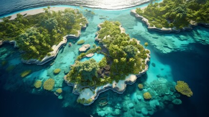 Generative AI A drone's-eye view of an exotic island group featuring palm-fringed beaches, turquoise lagoons, and a mosaic of coral reefs creating breathtaking underwater scenery