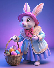 Easter bunny in a Victorian voluminous dress, wearing a pink hat, and with a basket full of colorful Easter eggs.