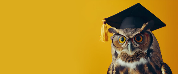 An owl wearing glasses and a graduation cap against a yellow backdrop