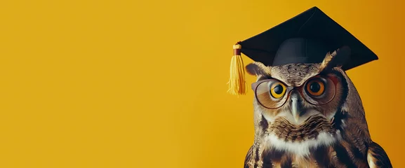 Poster An owl wearing glasses and a graduation cap against a yellow backdrop © Alina