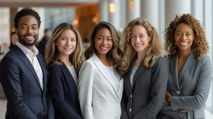 Fototapeta premium Professional group photo in a chic lobby, bright white ambiance, towering city views.