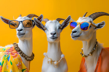 Fototapeta premium Three goats wearing sunglasses and necklaces are posing for a photo. The goats are wearing different colored outfits. goats in sunglasses on an orange background, in the style of fashion photography