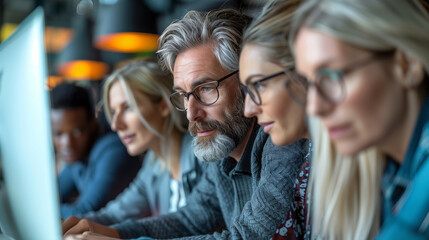 Business Team gathered in the office around computer focused on business planning, strategy, and goal-setting, discussing, nurturing creativity, fostering innovation, and generating new ideas.