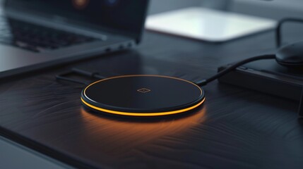 A sleek wireless charging pad against a backdrop of sleek black, its surface adorned with...