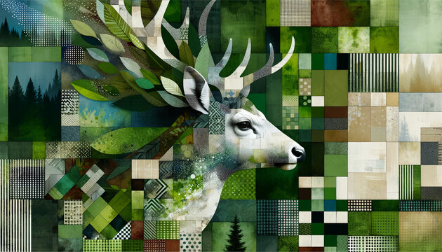 Abstract Deer Head Collage in Forest Tones. Abstract Forest Deer Collage in Earth Tones.  4K Wallpaper, Cool Background