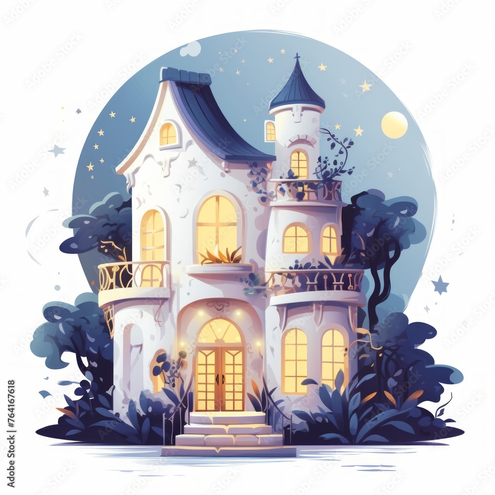 Poster Generative AI A fairytale abode with a tiny balcony and a white exterior glowing in soft sunlight.