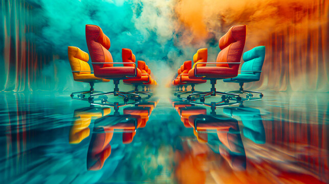Surreal office in the sky, abstract art blending business and fantasy worlds