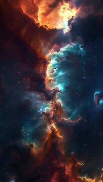 Vertical Dark Green Red Deep Space Galaxy Nebula. Cinematic celestial background depicting astrology and space exploration. Cosmic fictional 3D animation backdrop.