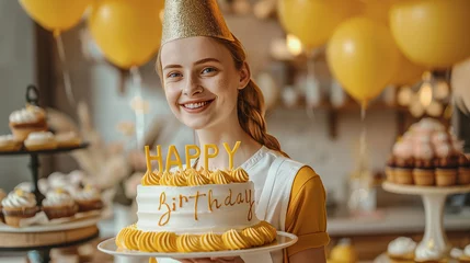 Fotobehang a young woman with a warm smile, wearing a celebratory gold hat, and presenting a birthday cake adorned with the words "Happy Birthday." © XXXX