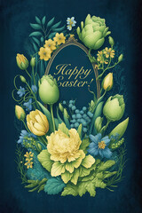 Happy Easter greeting card in deep blue and green