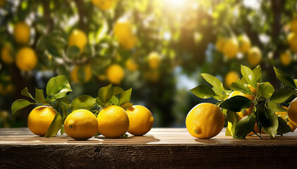 Yellow lemons on wood table in garden background. Closeup citrus fruits in green tropical nature. Organic lemon food with vitamins and healthy tropic juicy fruit. Banner. Copy space