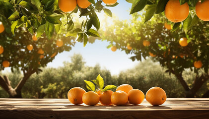 Orange fruit on table near garden background. Closeup citrus fruits on wood garden desktop. Organic oranges food with vitamins and healthy tropical juicy fruit. Banner. Copy space