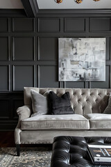 Luxurious grey-themed living room with plush textures and a cozy ambiance