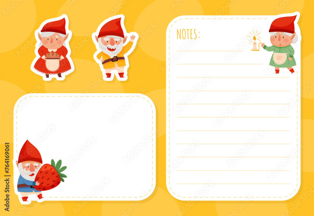 Sticker note card with fantastic gnome character in red pointed hat vector set