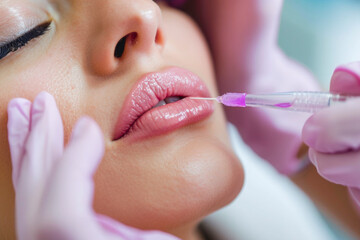 close-up of a beautician's hands applying a drop of lip serum to her customer