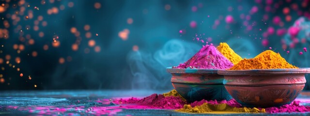 Indian Holi festival powder colors in bowls on blue background. Colorful organic gulal in earthen bowl. Festival of Colors concept. Banner or card with copy space. Flat lay, top view