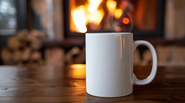 Front view, mockup image of white mug, fireplace background. Lifestyle product concept. For design, print, card, banner, poster, flyer, ad, storytelling, wallpaper, interior