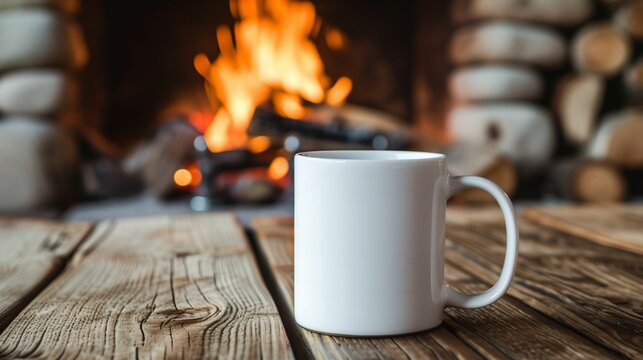 Front view, mockup image of white mug, fireplace background. Lifestyle product concept. For design, print, card, banner, poster, flyer, ad, storytelling, wallpaper, interior