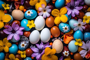 Fototapeta na wymiar Generative AI picture bright graphics montage Easter holiday theme painted eggs bunny ears fresh tulips dinner decorations