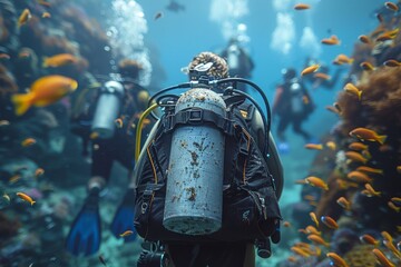A diver's gear is in sharp focus against a lively backdrop of colorful fish in a coral reef, emphasizing the proximity to marine life during a dive - obrazy, fototapety, plakaty