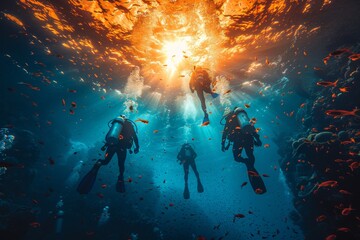 Silhouetted scuba divers are illuminated by sunbeams piercing through water teeming with red fish, offering a sense of awe and wonder - obrazy, fototapety, plakaty