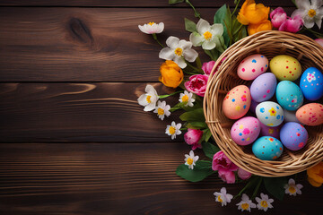 Obraz na płótnie Canvas Generative AI picture bright graphics montage Easter holiday theme painted eggs bunny ears fresh tulips dinner decorations