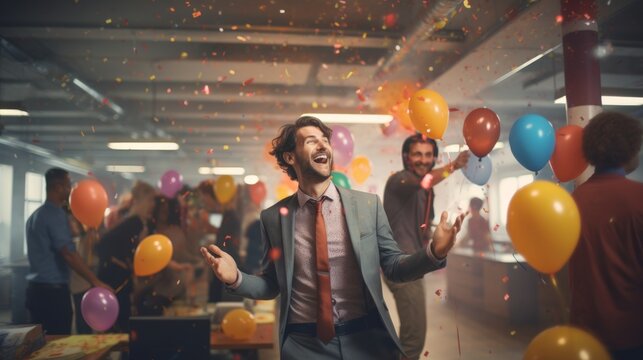 Generative AI Colleagues sharing laughter and enjoying office games or activities organized as part of a birthday celebration at work