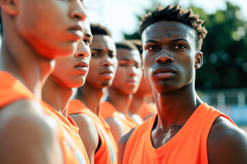 A group of basketball players in orange uniforms stand together