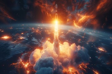 A dramatic and powerful depiction of a space rocket launching through clouds, engulfed in flames and smoke - obrazy, fototapety, plakaty